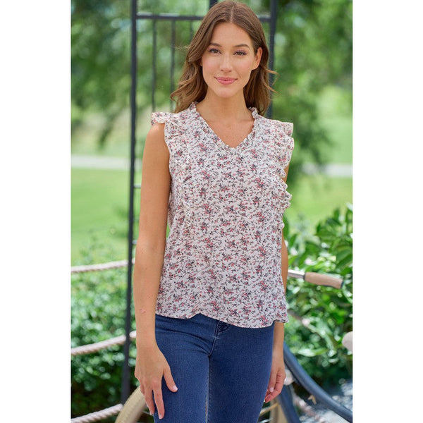 Women's Sleeveless - Floral Printed Ruffled Neck Short Sleeve Top -  - Cultured Cloths Apparel