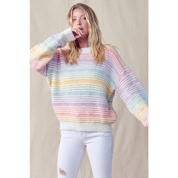 Women's Sweaters - Ombre Rainbow Stripe Pattern Sweater Top - Rainbow - Cultured Cloths Apparel