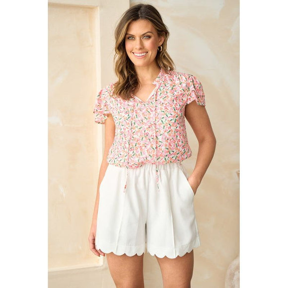 Women's Short Sleeve - Floral Printed Blouse with Smocked Yoke and Ruffle -  - Cultured Cloths Apparel