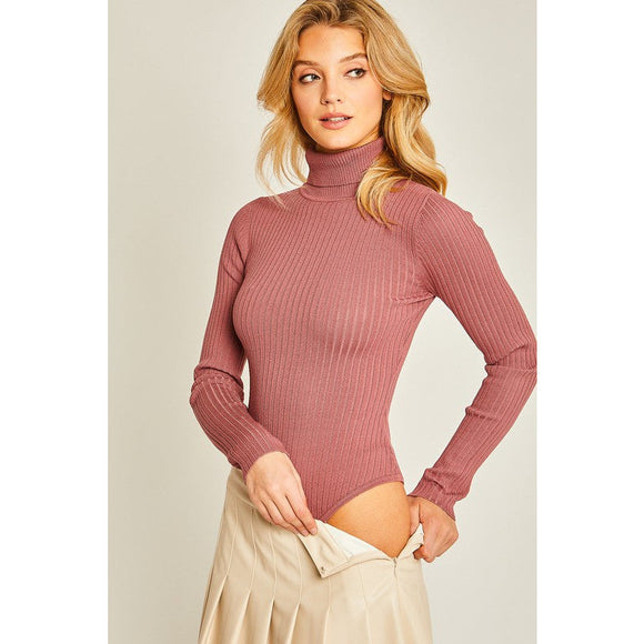 Women's Long Sleeve - Turtle Neck Fine Yarn Bodysuit - Rose - Cultured Cloths Apparel