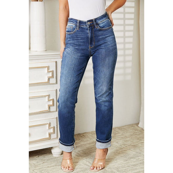 Denim - Judy Blue Full Size High Waist Contrast Wash Thermal Straight Jeans -  - Cultured Cloths Apparel