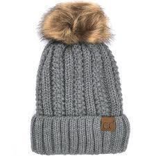 Beanies - C. C Fuzzy Lining With Knitted Beanie And Fur Pom Pom - Natural Grey - Cultured Cloths Apparel