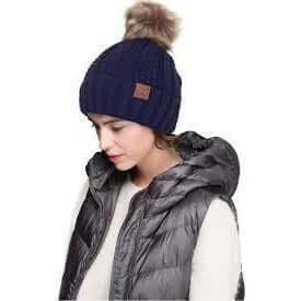 Beanies - C. C Fuzzy Lining With Knitted Beanie And Fur Pom Pom - Navy - Cultured Cloths Apparel