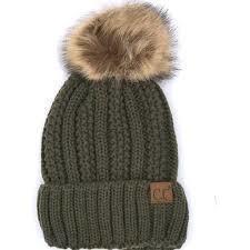 Beanies - C. C Fuzzy Lining With Knitted Beanie And Fur Pom Pom - New Olive - Cultured Cloths Apparel