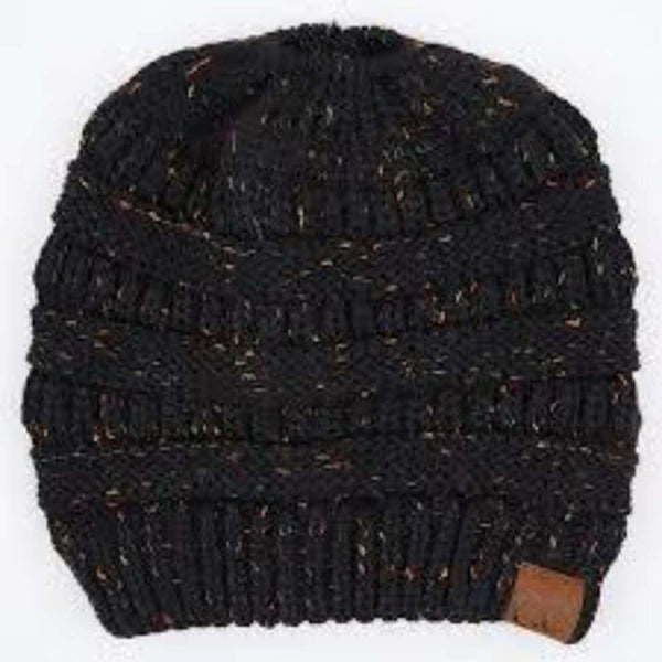 Beanies - C. C Cable Knit Beanie Messy Bun/Ponytail Confetti Hat - Black - Cultured Cloths Apparel