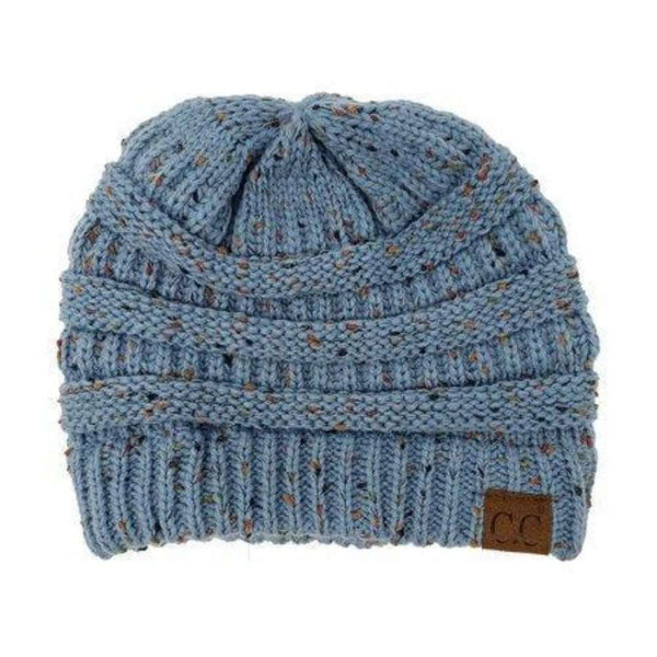 Beanies - C. C Cable Knit Beanie Messy Bun/Ponytail Confetti Hat - Denim - Cultured Cloths Apparel