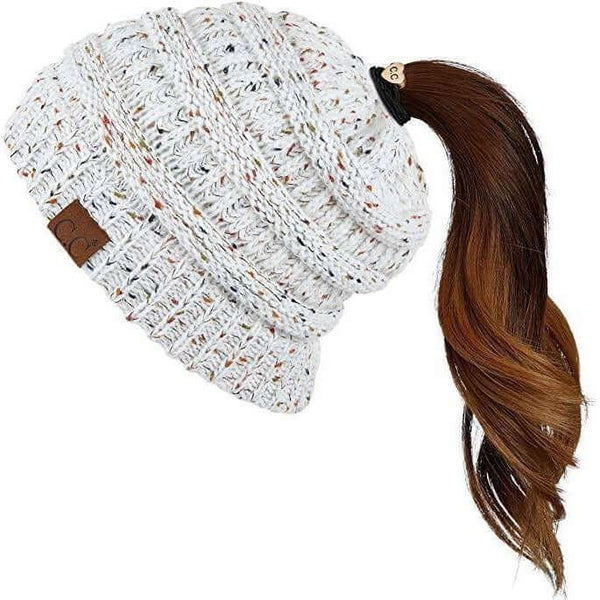 Beanies - C. C Cable Knit Beanie Messy Bun/Ponytail Confetti Hat -  - Cultured Cloths Apparel