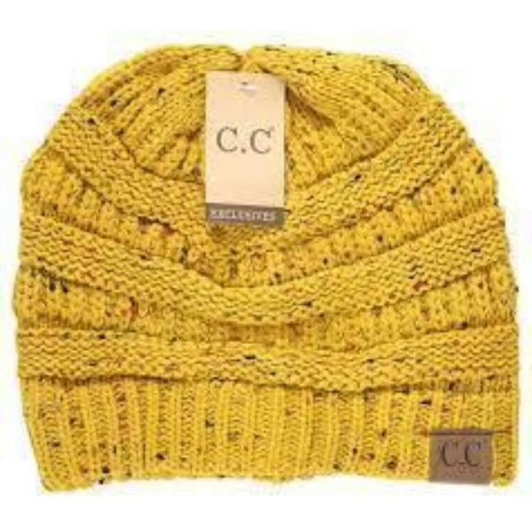 Beanies - C. C Cable Knit Beanie Messy Bun/Ponytail Confetti Hat - Mustard - Cultured Cloths Apparel