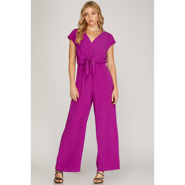 Women's Rompers - Short Sleeve Woven Jumpsuit - Magenta - Cultured Cloths Apparel