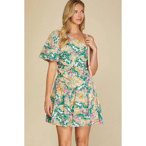 Women's Dresses - One Shoulder Printed Woven Bubble Sleeve Dress - Jade - Cultured Cloths Apparel