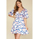 Women's Dresses - Balloon Sleeve Plunging Neckline Dress - Blue - Cultured Cloths Apparel
