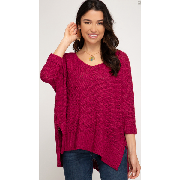 Women's 3/4 Sleeve - Perfect for Fall 3/4 Sleeve Knit Hi Low Sweater - Berry - Cultured Cloths Apparel