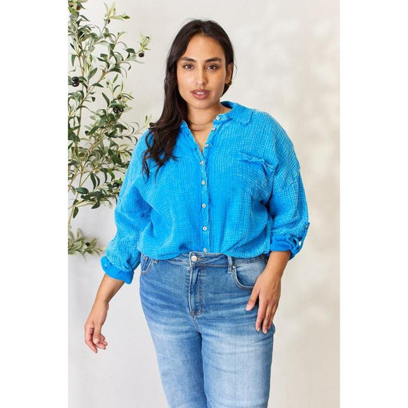 Women's Long Sleeve - Zenana Full Size Washed Raw Trim Button Down Shirt - Ocean Blue - Cultured Cloths Apparel