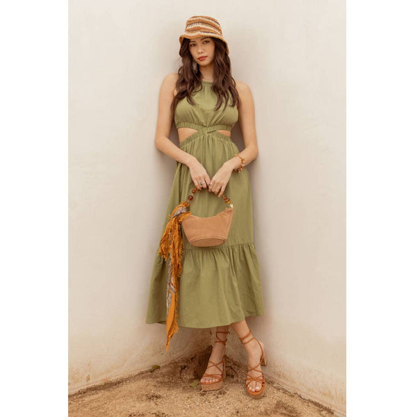 Women's Dresses - Halter Cut Out Midi Dress - Olive - Cultured Cloths Apparel