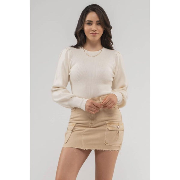 Women's Sweaters - Bishop Sleeve Rib Knit Sweater - Oatmeal - Cultured Cloths Apparel