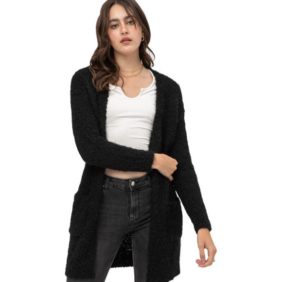 Outerwear - Popcorn Eyelash Open Front Long Line Cardigan - Black - Cultured Cloths Apparel