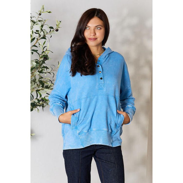 Women's Long Sleeve - Zenana Half Snap Long Sleeve Hoodie with Pockets -  - Cultured Cloths Apparel