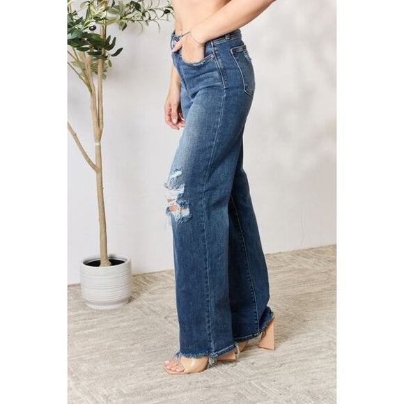 Denim - Judy Blue Full Size High Waist 90's Distressed Straight Jeans -  - Cultured Cloths Apparel
