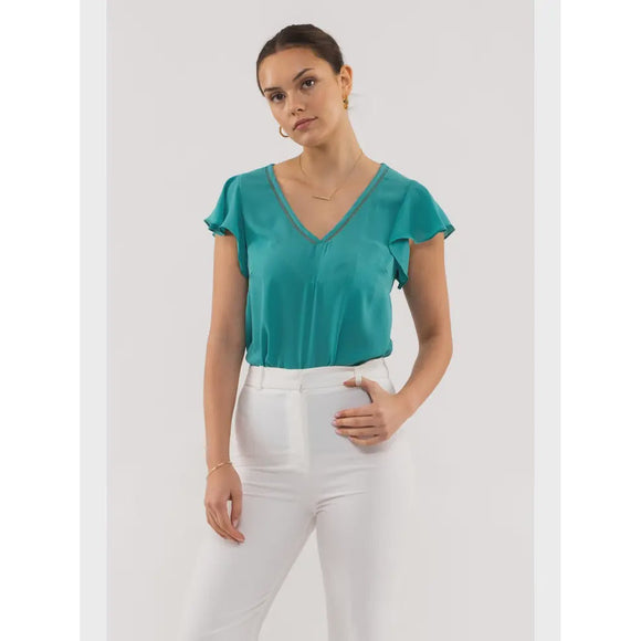 Women's Short Sleeve - Line Lace V Neck Woven Top - Emerald - Cultured Cloths Apparel