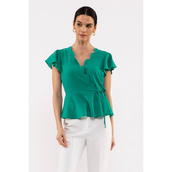 Women's Short Sleeve - Scalloped Surplice Woven Top - Kelly Green - Cultured Cloths Apparel