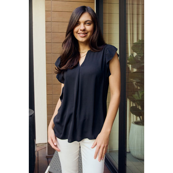 Women's Short Sleeve - Zenana Full Size Ruffle Shoulder Notched Neck Blouse - Black - Cultured Cloths Apparel