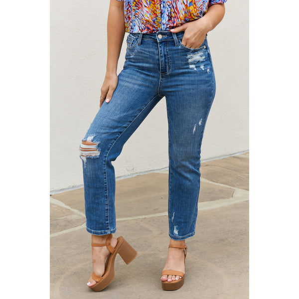 Denim - Judy Blue Theresa Full Size High Waisted Ankle Distressed Straight Jeans - Medium - Cultured Cloths Apparel