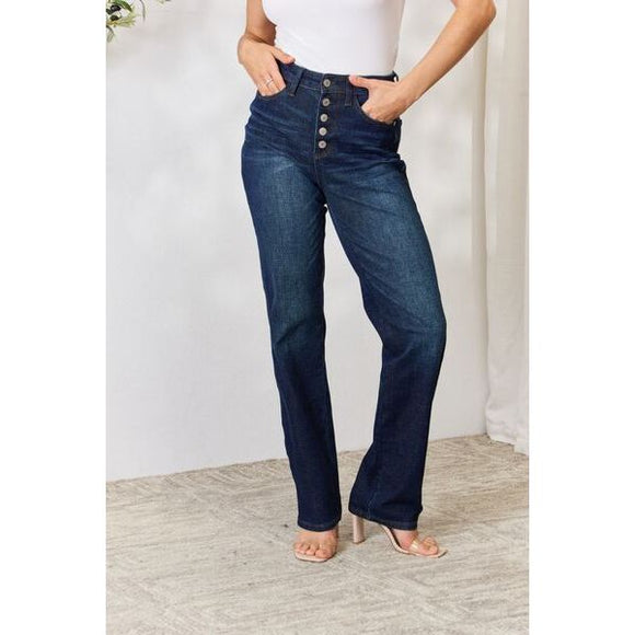 Denim - Judy Blue Full Size Button-Fly Straight Jeans - Dark - Cultured Cloths Apparel
