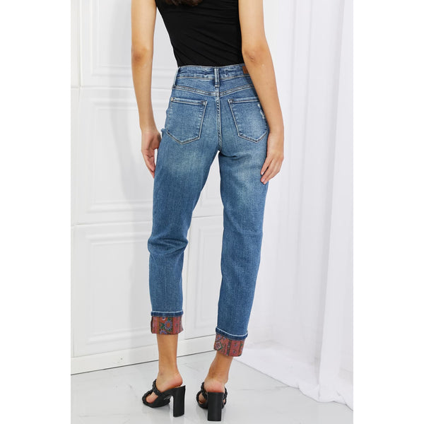 Denim - Judy Blue Gina Full Size Mid Rise Paisley Patch Cuff Boyfriend Jeans -  - Cultured Cloths Apparel