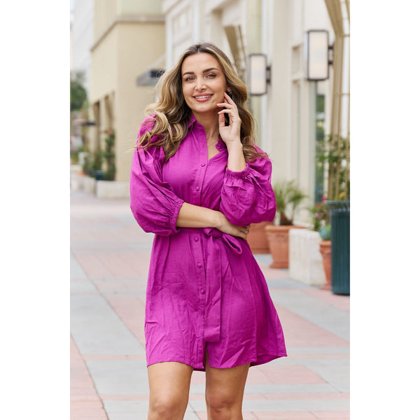 Women's Dresses - Jade By Jane Hello Darling Full Size Half Sleeve Belted Mini Dress in Magenta -  - Cultured Cloths Apparel
