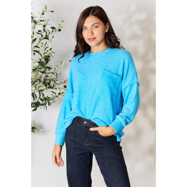 Women's Long Sleeve - Zenana Round Neck Long Sleeve Sweater with Pocket - Deep Sky - Cultured Cloths Apparel
