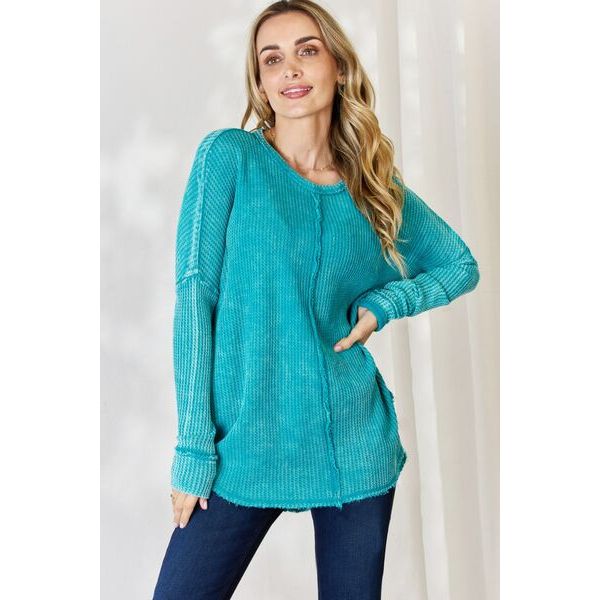Women's Long Sleeve - Zenana Oversized Washed Waffle Long Sleeve Top - Light Teal - Cultured Cloths Apparel