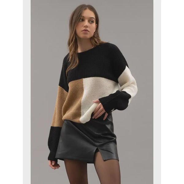 Women's Sweaters - Colorblock Back Tie Knit Sweater - Black - Cultured Cloths Apparel