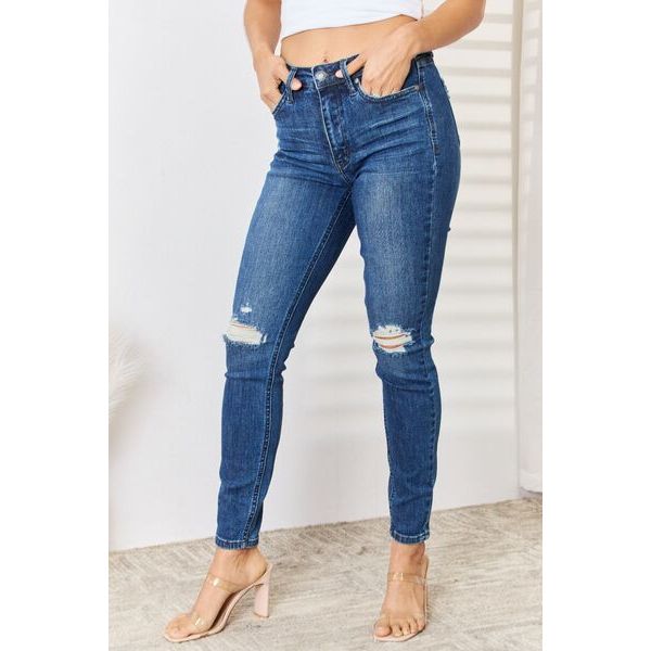 Denim - Judy Blue Full Size High Waist Distressed Slim Jeans - Dark - Cultured Cloths Apparel