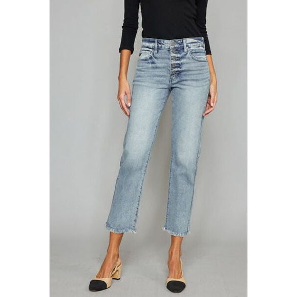 Denim - Kancan High Waist Button Fly Raw Hem Cropped Straight Jeans - Light - Cultured Cloths Apparel
