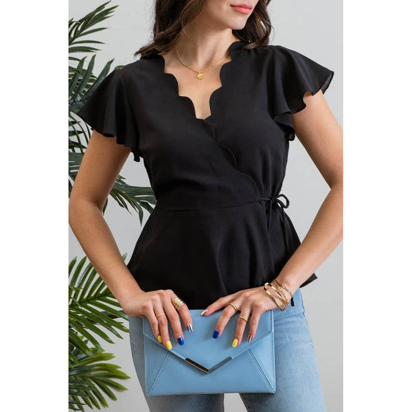 Women's Short Sleeve - Scalloped Surplice Woven Top - Black - Cultured Cloths Apparel