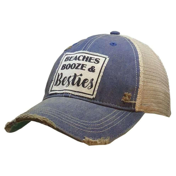 Baseball Hats - Beaches Booze & Besties Distressed Trucker Hat Baseball Cap -  - Cultured Cloths Apparel