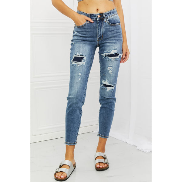 Denim - Judy Blue Dahlia Full Size Distressed Patch Jeans - Medium - Cultured Cloths Apparel