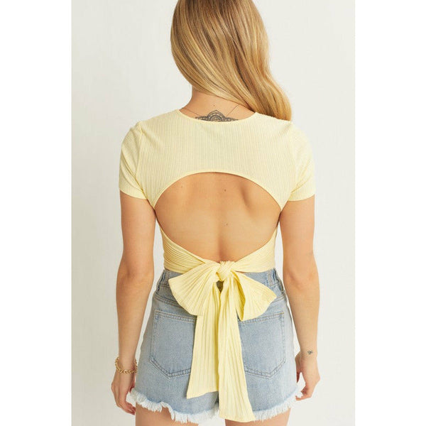 Women's Short Sleeve - Knit Solid Tie Open Back Short Sleeve Top -  - Cultured Cloths Apparel