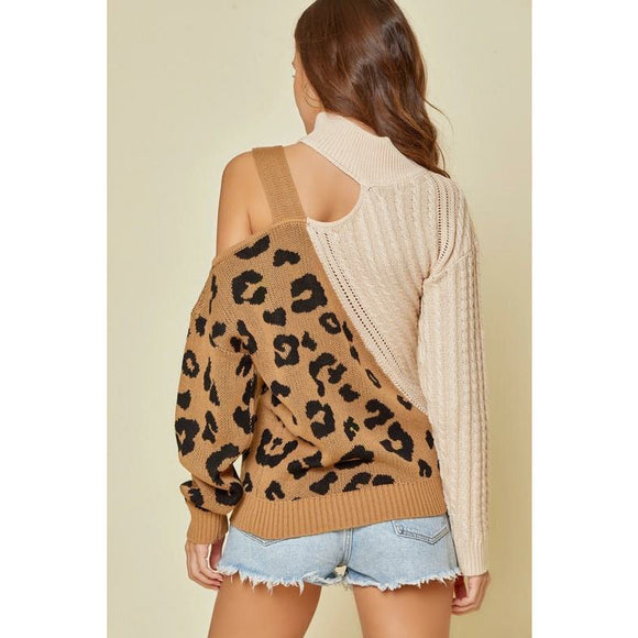 Women's Sweaters - Leopard Cold Shoulder Strap Sweater -  - Cultured Cloths Apparel