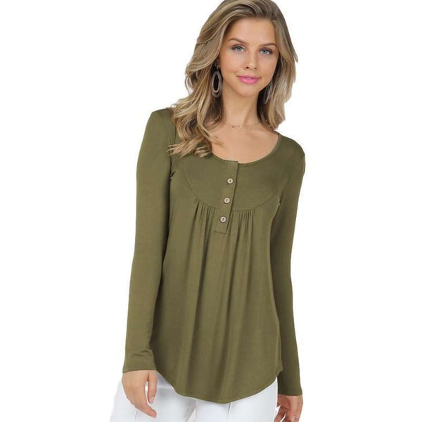 Women's Long Sleeve - Long Sleeve Button Up Top With Front Shirring Detail - Olive - Cultured Cloths Apparel