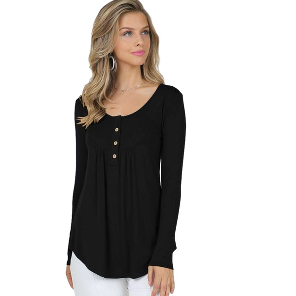 Women's Long Sleeve - Long Sleeve Button Up Top With Front Shirring Detail - Black - Cultured Cloths Apparel