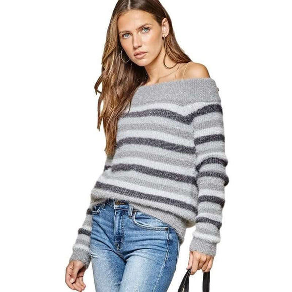 Women's Sweaters - Off the Shoulder Striped Colorblock Sweater -  - Cultured Cloths Apparel