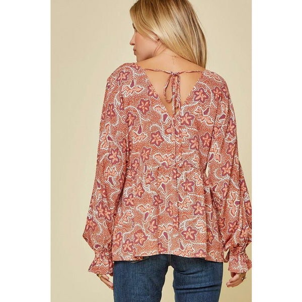 Women's Long Sleeve - Printed Babydoll Top with V-Neckline -  - Cultured Cloths Apparel