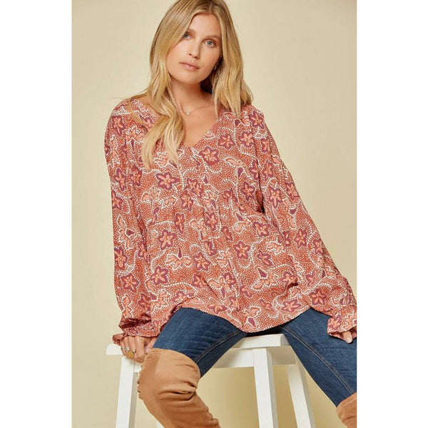 Women's Long Sleeve - Printed Babydoll Top with V-Neckline -  - Cultured Cloths Apparel