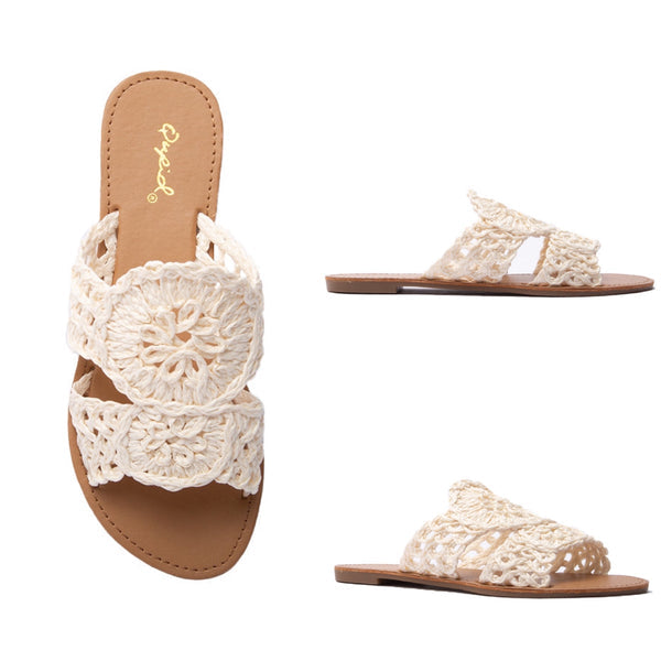 Shoes - QUPID Athena Raffia Sandal Slides - Off White - Cultured Cloths Apparel