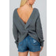 Women's Sweaters - Solid Long Sleeve Twist Knit with Open Back Sweater - Slate Blue - Cultured Cloths Apparel