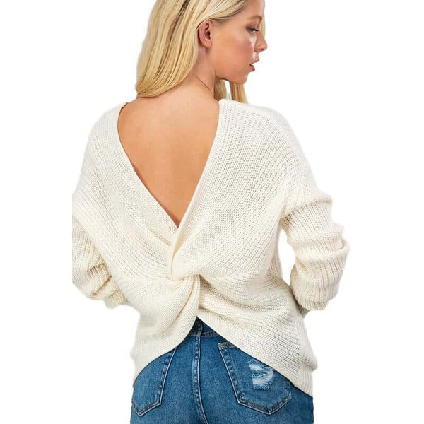 Women's Sweaters - Solid Long Sleeve Twist Knit with Open Back Sweater - Ivory - Cultured Cloths Apparel
