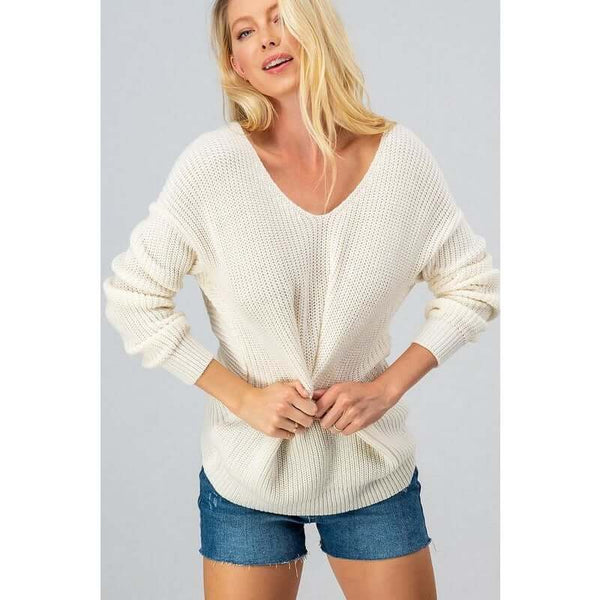 Women's Sweaters - Solid Long Sleeve Twist Knit with Open Back Sweater -  - Cultured Cloths Apparel