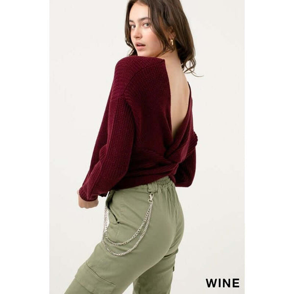 Women's Sweaters - Solid Long Sleeve Twist Knit with Open Back Sweater - Wine - Cultured Cloths Apparel