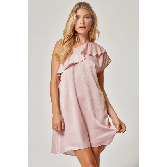 Women's Dresses - Stella Blush Satin Ruffled One Shoulder Dress - Blush - Cultured Cloths Apparel